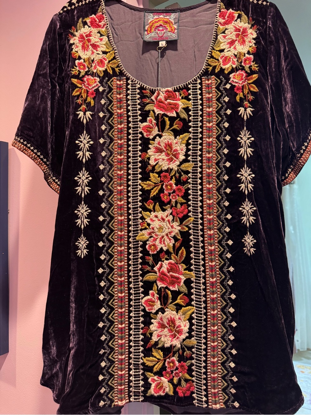 NWT!! Johnny Was Size L Velvet Floral Scoop-Neck Women's Top - Plum with Pink - Picture 4 of 9